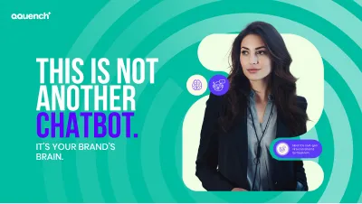 Confident woman with illustrated chatbot UI elements around her and bold text reading “This is not another chatbot.” Branding banner showcasing next-gen virtual assistant technology built for consistent brand voice, intelligent engagement, and customer-centric design.